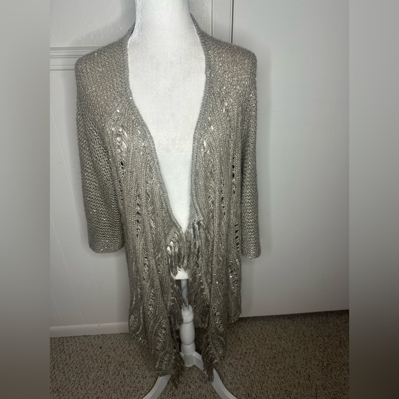 Chico's Gray Cardigan with Shimmery Open Knit Design size 3 or XL - Picture 1 of 6